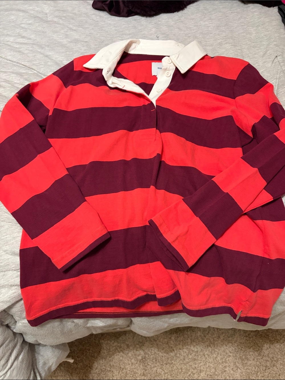 Old Navy Red & Burgundy Striped Rugby Polo with Cream Collar